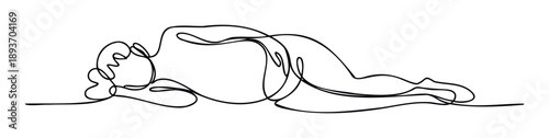 Continuous single line drawing of a person lying down in a state of deep relaxation and tranquility, suitable for wellness promotions and mindful living concepts.