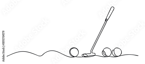 Minimalist golf game graphic featuring a continuous line drawing of a putter and multiple golf balls on a wavy terrain, perfect for sports marketing and recreation advertisements.