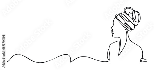 Elegant continuous line drawing of a Black womans profile with a beautiful intricate updo, perfect for minimalist wall decor, modern branding, and diverse representation in graphics