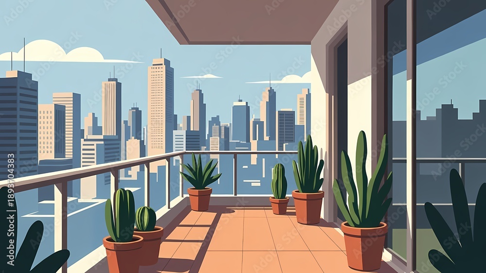 Obraz premium Balcony with potted plants overlooking a modern city skyline