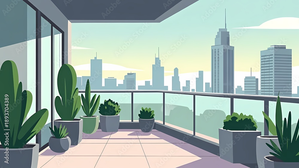 Fototapeta premium Sunny balcony with potted plants overlooking a modern city skyline