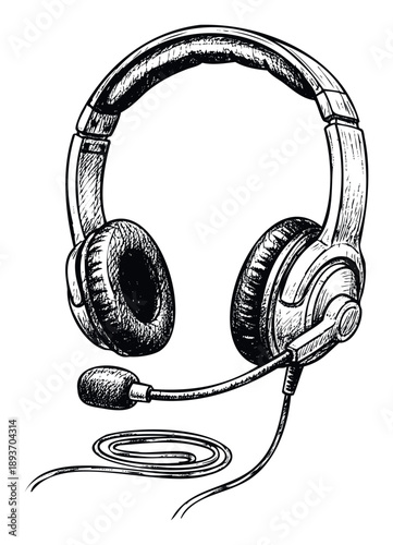 Detailed sketch of a modern communication headset featuring large over ear headphones and a flexible boom microphone with a coiled audio cable, perfect for gaming streams, call center