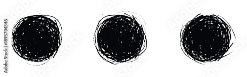 Textured black hand drawn scribble circles with rough brush strokes provide versatile graphic elements for modern abstract posters, social media posts, and contemporary branding projects