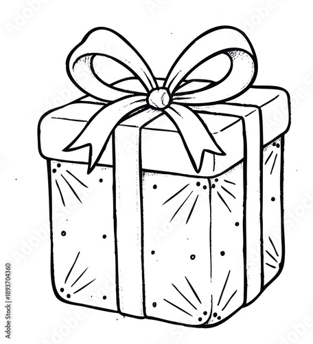 Monochromatic line drawing of a festive present box tied with an elegant bow, perfect for holiday promotions, birthday wishes, and special occasion graphics.