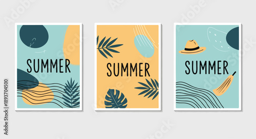 Abstract Summer Holiday Poster Set with Tropical Leaves and Beach Elements