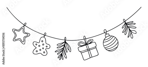Handdrawn black and white Christmas garland with star and bell cookies, a present, a bauble, and fir branches, ideal for winter holiday greetings, decorations, and seasonal promotional