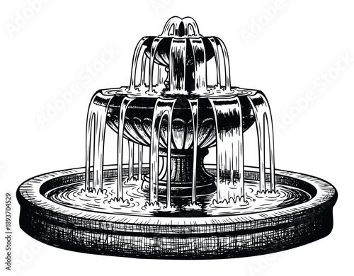 Classic tiered garden fountain drawing with flowing water in a traditional landscape setting perfect for architectural or outdoor decoration themes