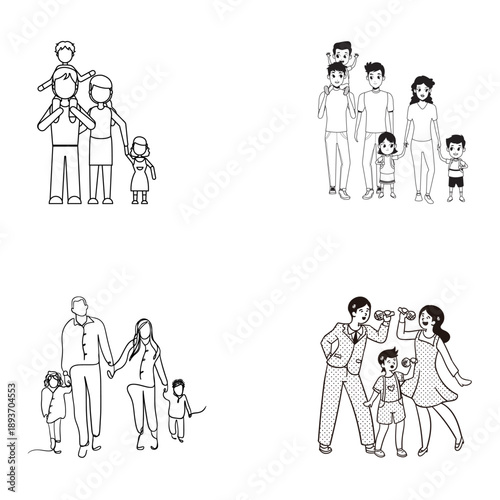 Set of minimalist black and white line art illustrations depicting various happy families including parents and children standing together, perfect for modern clean design projects.