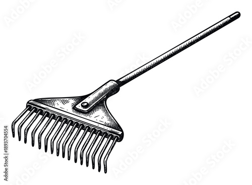 Essential garden rake drawing featuring intricate vintage sketch style, perfect for horticultural blogs, farm equipment catalogs, or agricultural project materials