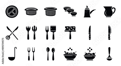 Essential kitchenware and dining utensil icons presented in a crisp black silhouette style, ideal for culinary websites, restaurant menus, and cooking applications.