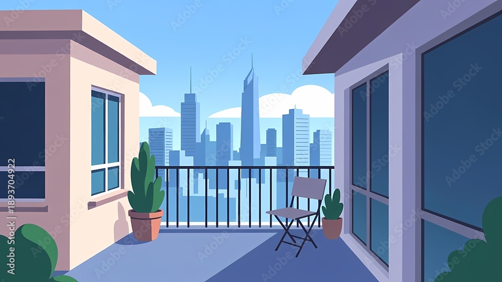 Naklejka premium Illustrated rooftop terrace overlooking a modern city skyline