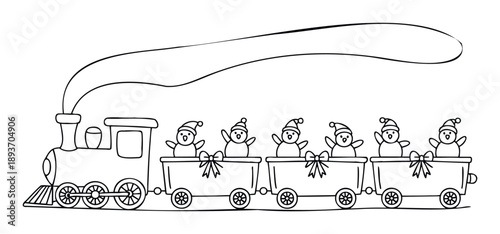 A festive Christmas train journey with happy snowmen characters wearing Santa hats and a smoke trail forming a large message space, perfect for holiday greetings or childrens coloring