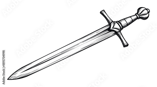 Hand drawn vintage style sword sketch with a prominent hilt and guard, perfect for historical weapon imagery, fantasy game design, or classic adventure story illustrations.