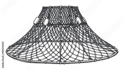 Vintage style fishing trap net for catching fish in rivers or lakes, useful for outdoor recreation themes, traditional seafood industry concepts, or marine ecology projects.