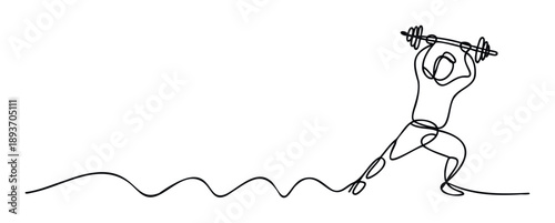 Minimalist one line artwork depicting a strong person engaged in Olympic weightlifting, excellent for modern athletic branding, motivational posters, and active lifestyle editorial graphics.