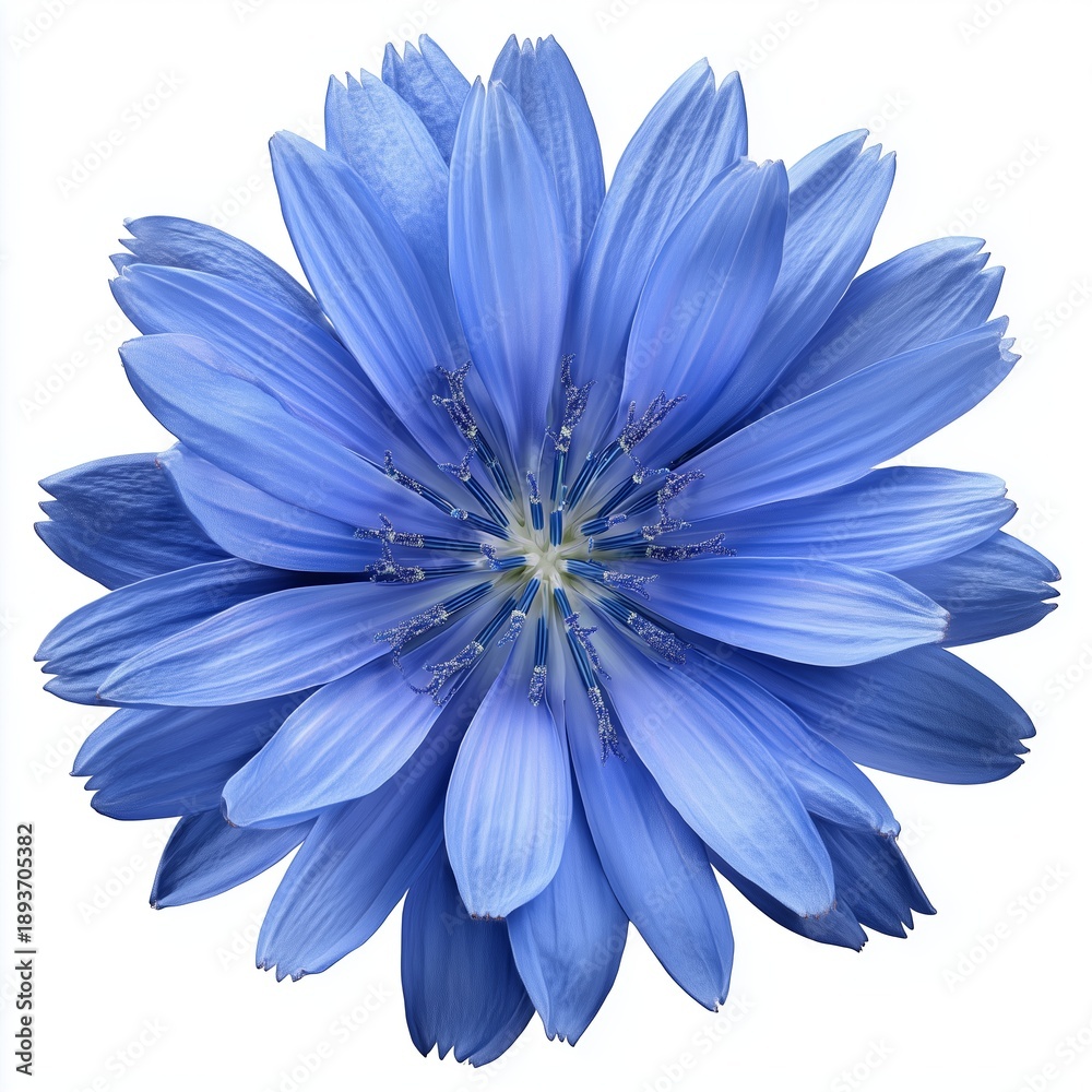 Obraz premium A detailed close up of a vibrant blue flower with symmetrically arranged petals isolated on a white background. Generative AI.