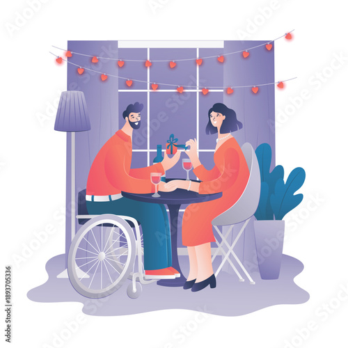 Inclusive couple on a romantic Valentine's Day date. Man in wheelchair giving a gift to his partner.