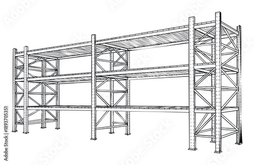 Empty metal warehouse shelving unit drawing with multiple levels and diagonal bracing ready for storage organization solutions in industrial logistics facilities