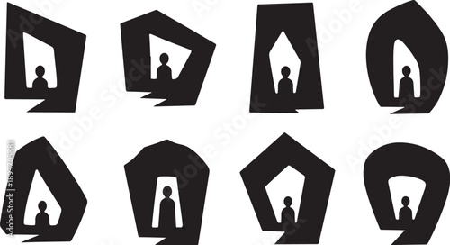 Geometric shapes with silhouetted figures in various positions