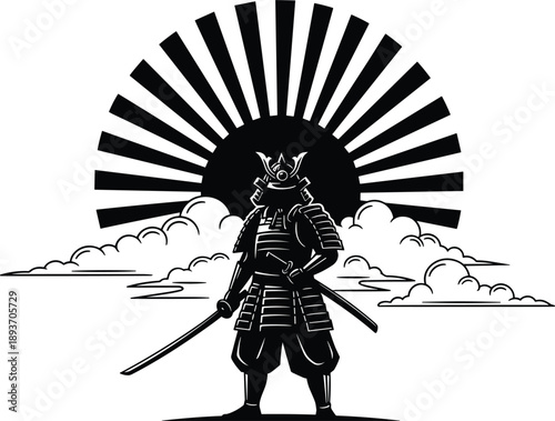 Samurai warrior silhouette with katana swords, rising sun background, traditional armor, Japanese culture, honor and strength theme, vector illustration
