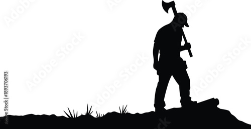 Silhouette of axe-carrying figure, rugged worker on rocky terrain, black vector illustration, solitary outdoorsman, nature labor survival concept