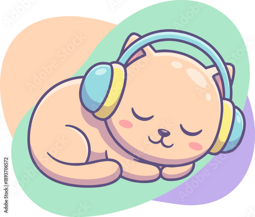 Sleeping Cartoon Bear Wearing Headphones.