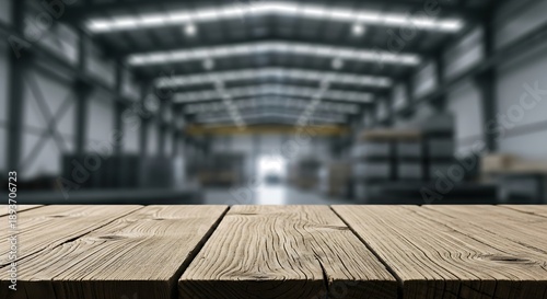 Industrial warehouse setting with a sharp wooden counter top in front suitable for showcasing hardware or shipping products