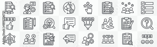 Survey icon collection set. Containing service, audit, marketing, rating, quality, experience, poll, review icon. Simple outline vector