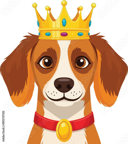 Regal dog wearing crown and red collar looking friendly