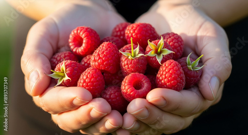 Hands holding fresh red raspberries. Gardener showing harvested organic berries. Healthy food and summer agriculture concept