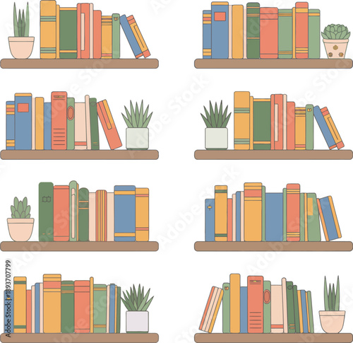 Minimalist illustration of books on shelves with plants, perfect for a cozy study vibe