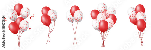 3D red balloons bunch set with confetti and ribbons on white background