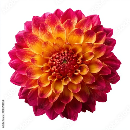 Close up of a vibrant dahlia flower with striking red and yellow petals, showcasing a symmetrical pattern. Generative AI.