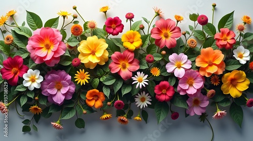 A vibrant array of multicolored flowers with lush green leaves, exuding a cheerful and bright ambiance.
