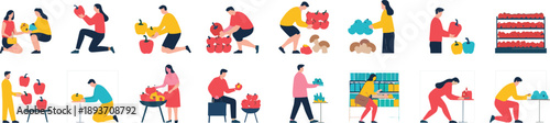 People buying groceries vector illustration set with men and women shopping fruits and vegetables in supermarket scenes
