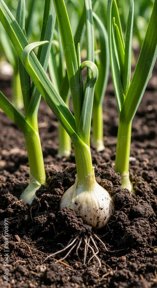 Obraz premium Fresh garlic bulb with green shoots growing in rich garden soil. Organic vegetable cultivation and farming concept. Homegrown produce in a kitchen garden