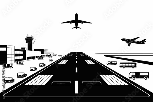 Airport runway with planes and vehicles on the tarmac and terminal building