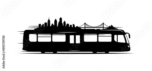 Silhouette of Tram with Cityscape Background