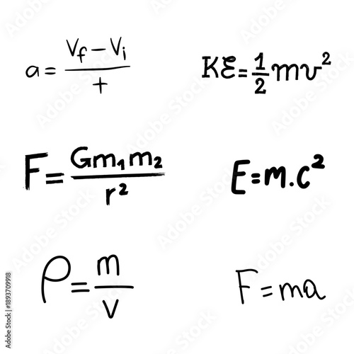 Iconic physics formulas featuring Einstein's mass-energy equivalence and gravitational laws. Ideal for scientific documentaries, physics fan merchandise, and high-level academic content.