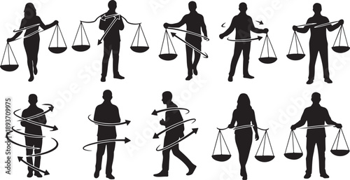 Silhouettes of people holding scales of justice in various poses