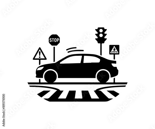 Black Silhouette Car at Pedestrian Crossing