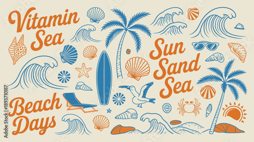 Beach vacation illustrations with palm trees and sea elements on cream background