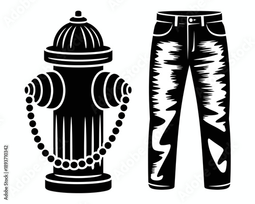 Black and white illustration of fire hydrant and jeans side by side