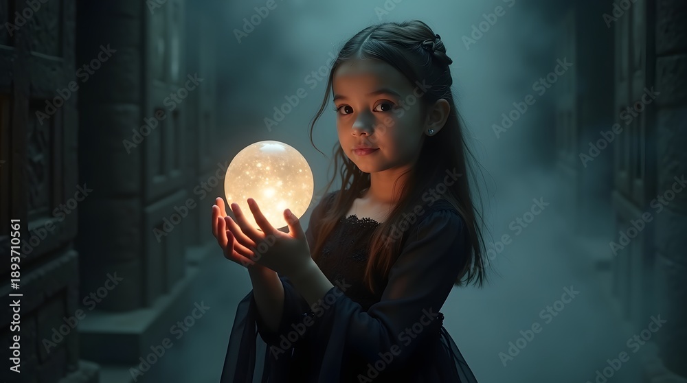 Naklejka premium A young girl of mixed ethnicity holds a glowing orb, dressed in a dark gown, surrounded by an enchanted misty atmosphere.