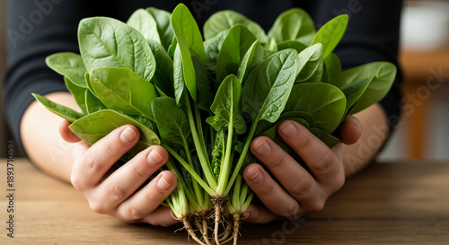 Hands holding a fresh bunch of green spinach with roots. Raw organic vegetables for healthy diet. Harvest concept