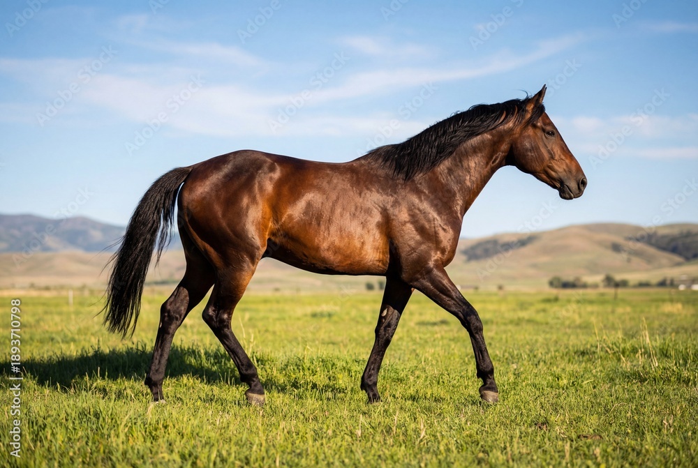 Obraz premium Majestic dark bay horse walking across a green pasture with hills and blue sky in the background