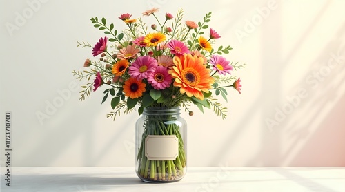 A vibrant floral arrangement featuring colorful gerbera daisies and mix of blossoms in a glass jar on a light background.