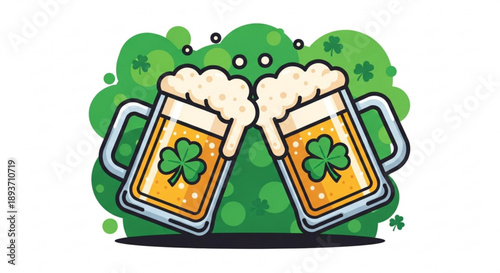 Two beer mugs clinking with shamrocks and foamy heads on st patrick's day green background
