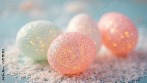 Crystallized sugar eggs, transparent shell coating, pastel colors shimmering, sparkling sugar crystals, glass-like candy