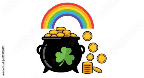 Black cauldron filled with gold coins under a rainbow with a shamrock symbolizing good luck and wealth